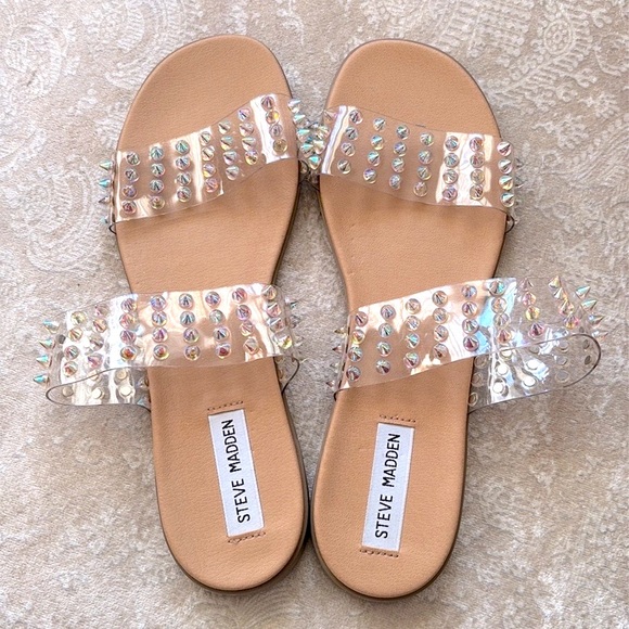 Brand New Steve Madden Blizie Sandals Clear Iridescent Multicolored Studs Spikes - Picture 6 of 15